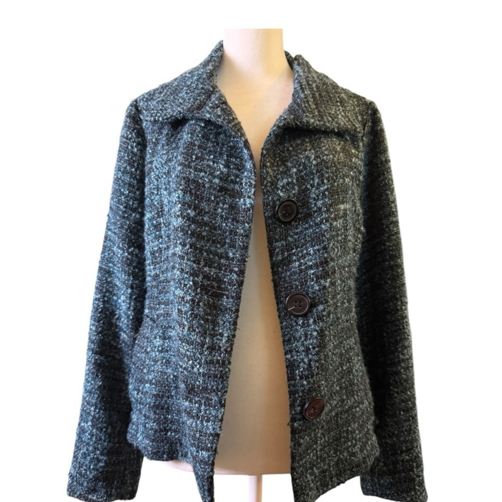 Women's Coldwater Creek Petite Black & Blue Tweed Boucle Blazer Jacket Sz PM